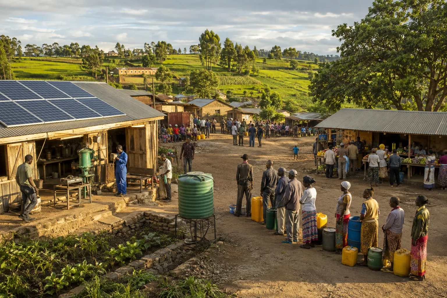 Illustration of a rural African market with rooftop solar and local enterprises