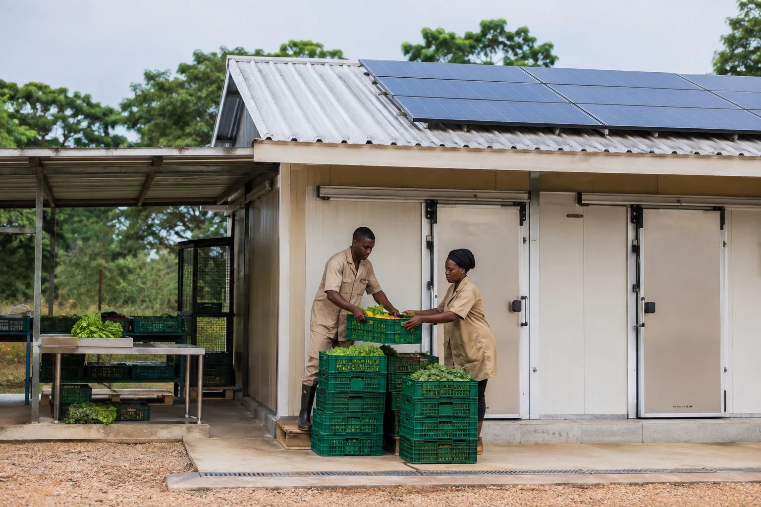 Illustration of workers handling produce at a solar-powered cold-storage building