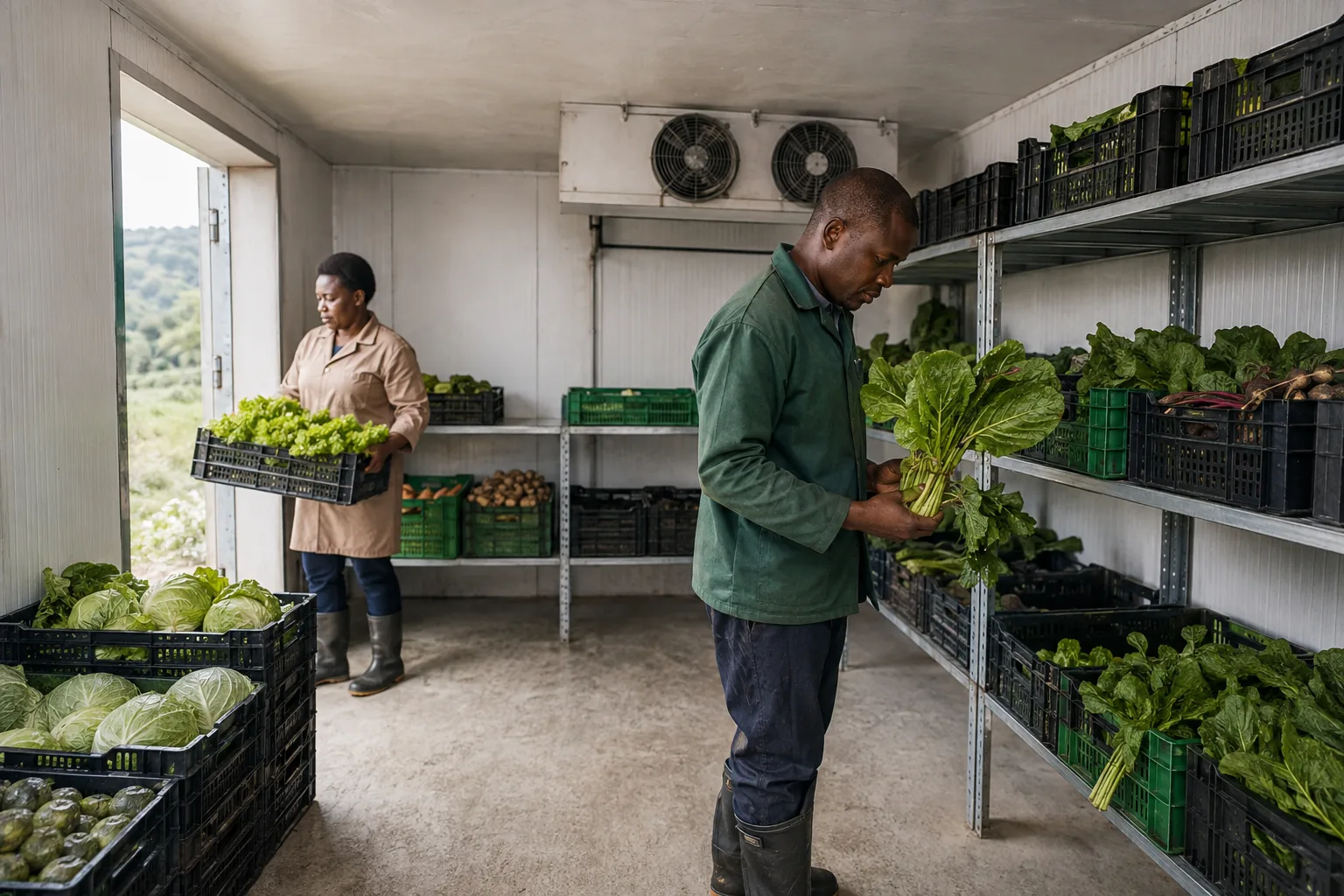 Illustration of workers checking vegetable crates in a produce cold room