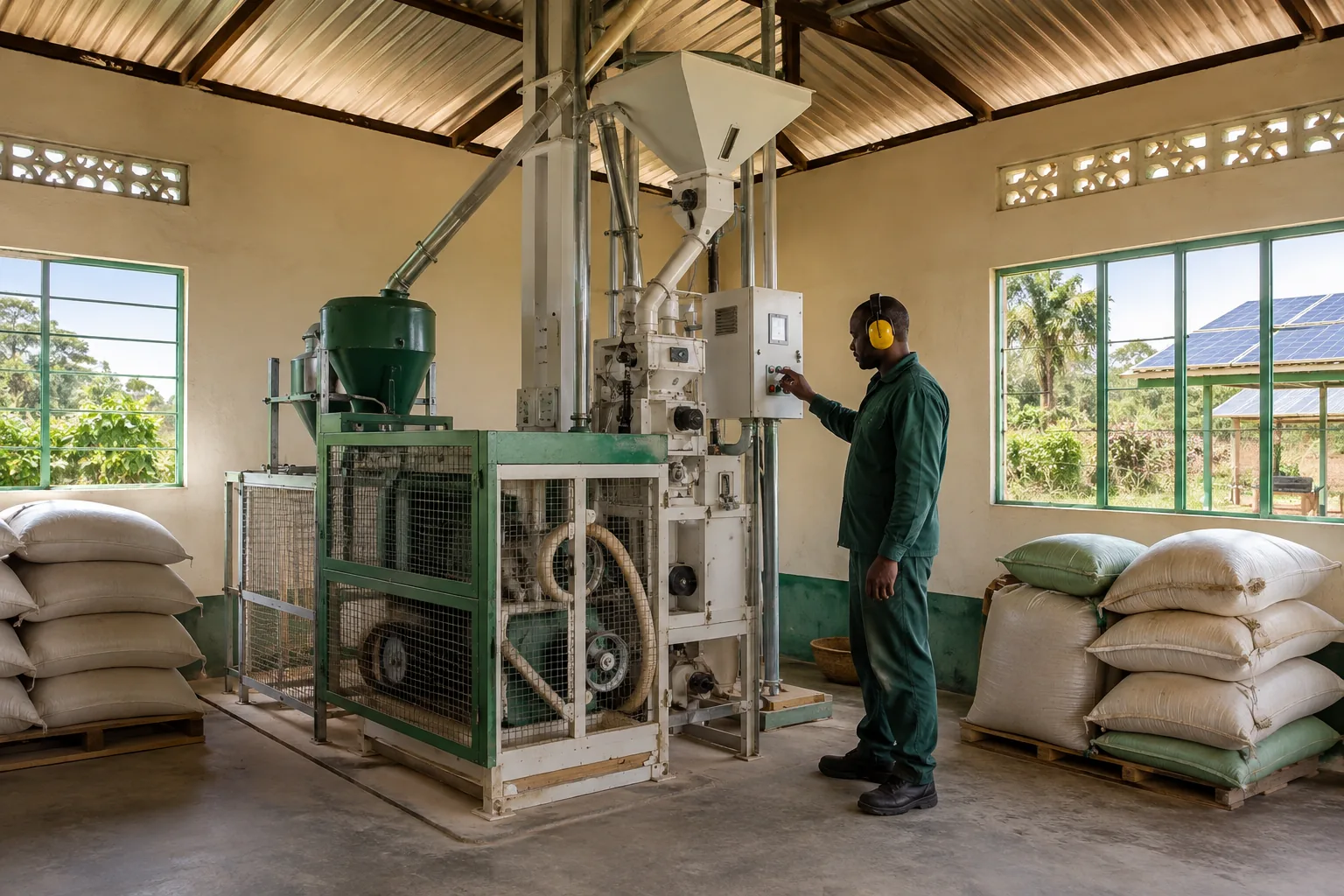 Illustration of a technician inspecting guarded grain-processing equipment