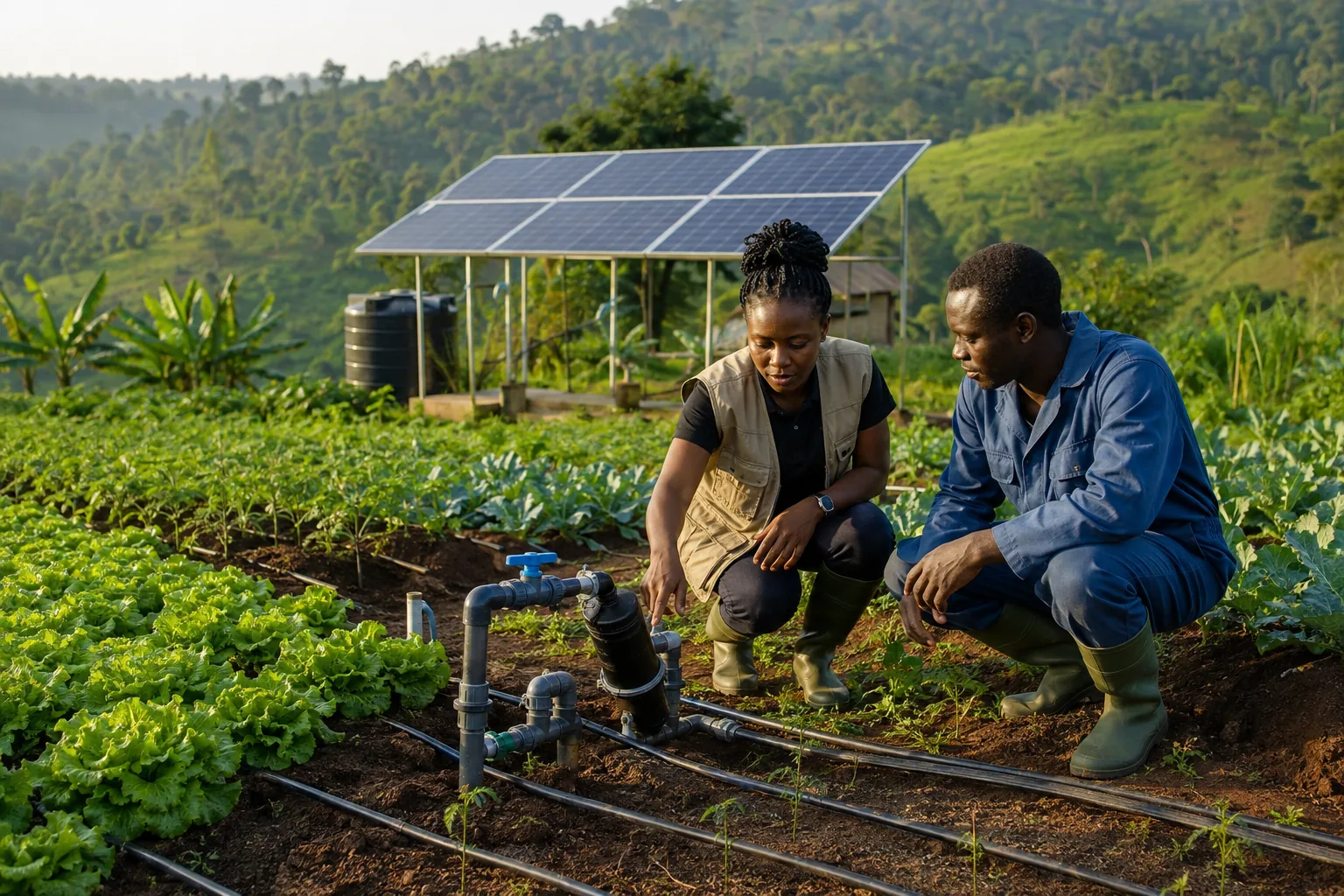 Illustration of a farmer and agronomist inspecting solar-powered drip irrigation