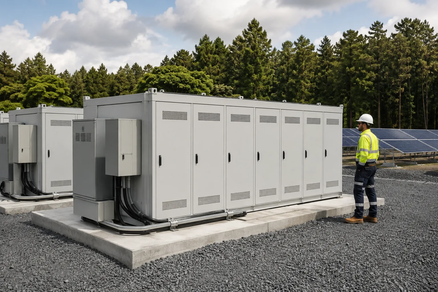 Illustration of an engineer inspecting enclosed battery-storage cabinets