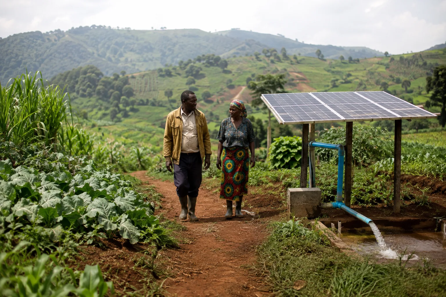 Illustration of farmers and solar water pumping in a Cameroon-inspired highland landscape