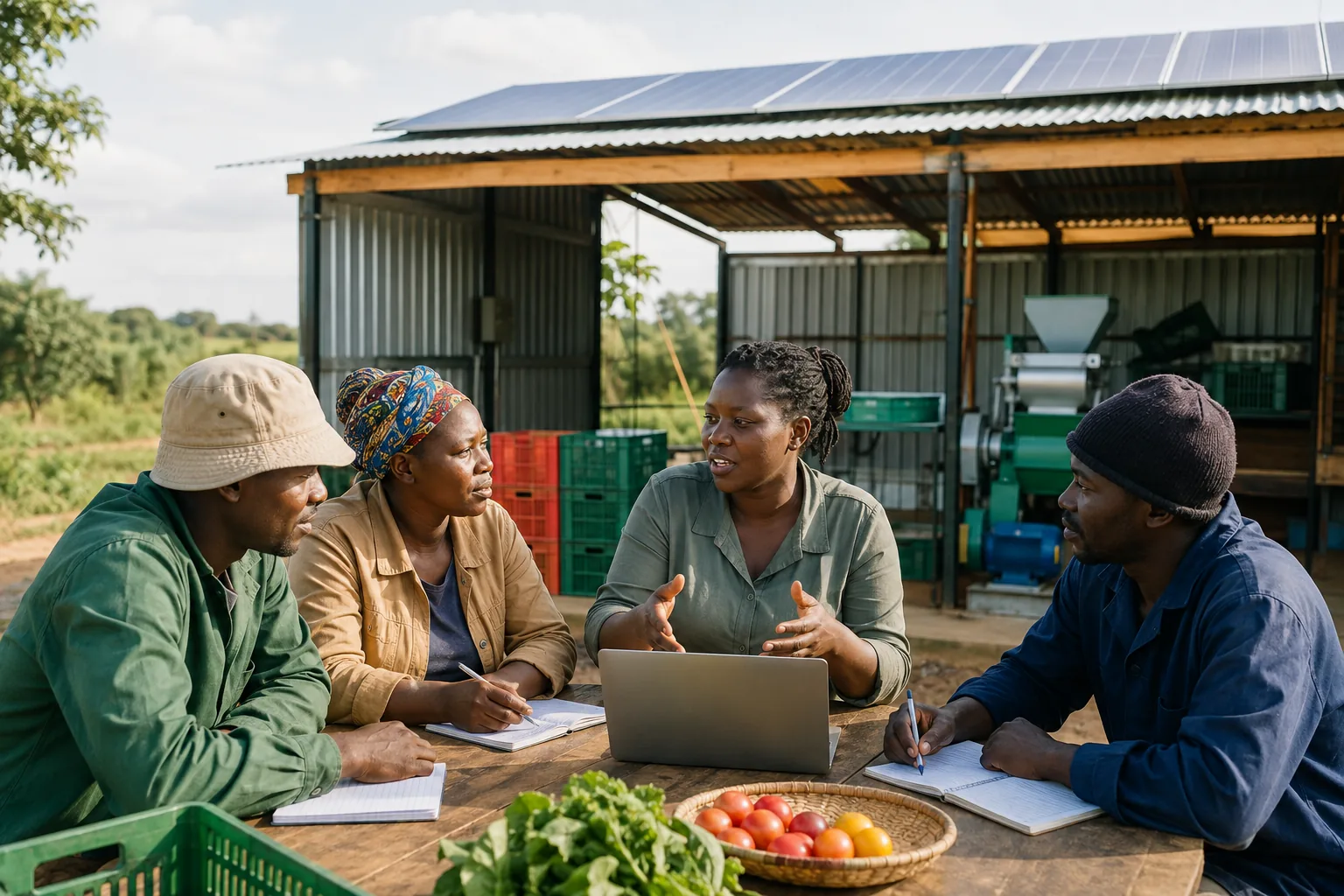 Illustration of a cooperative planning session beside a solar-powered processing shed