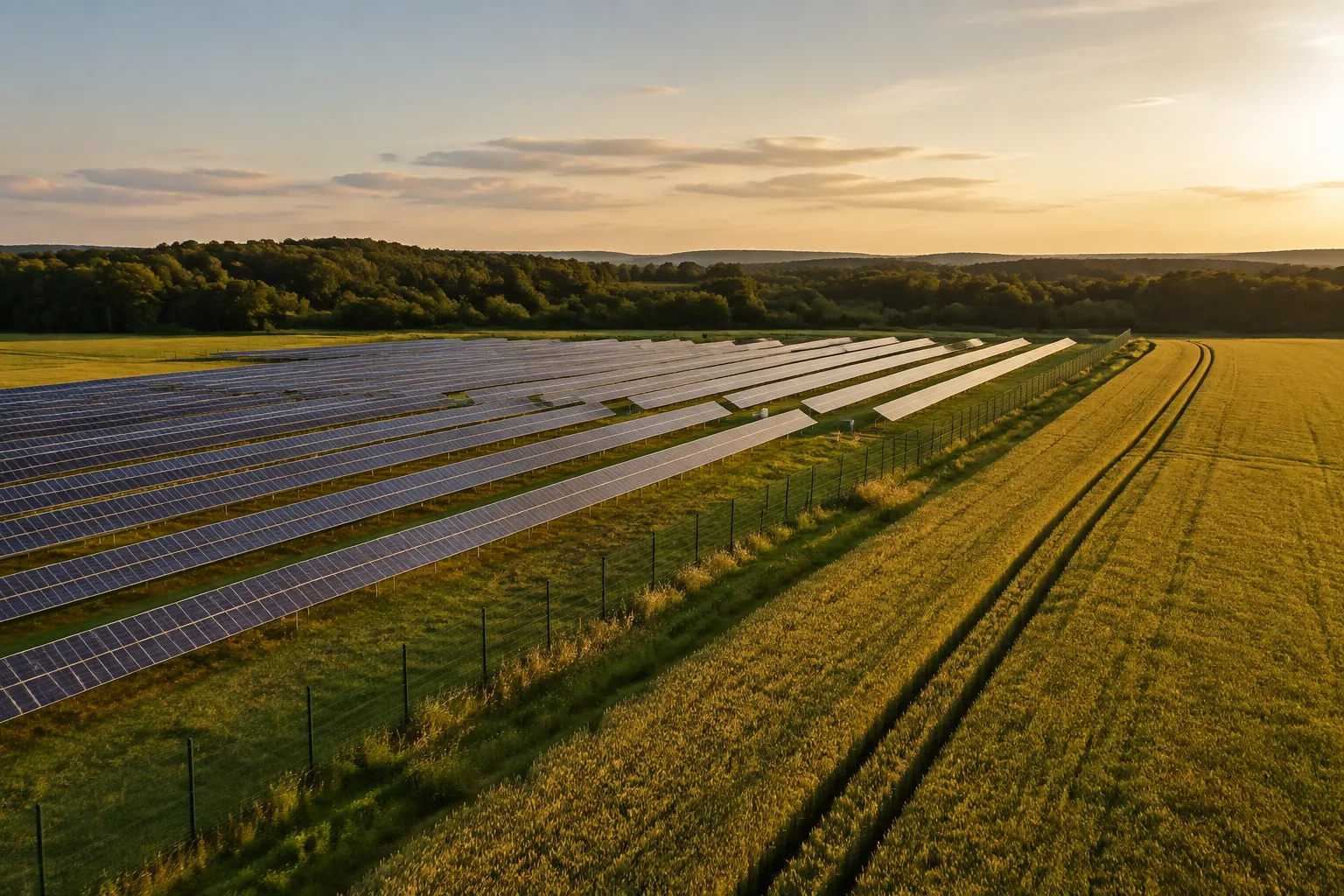Illustration of solar rows beside agricultural fields in afternoon light