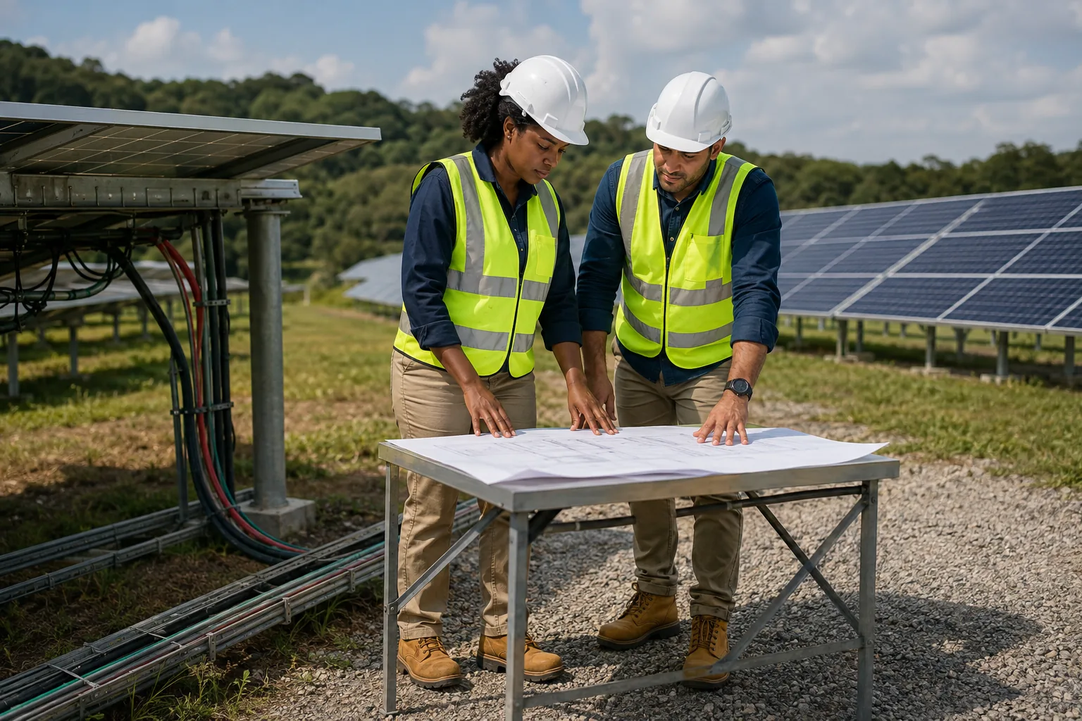Illustration of two engineers reviewing plans beside a solar installation