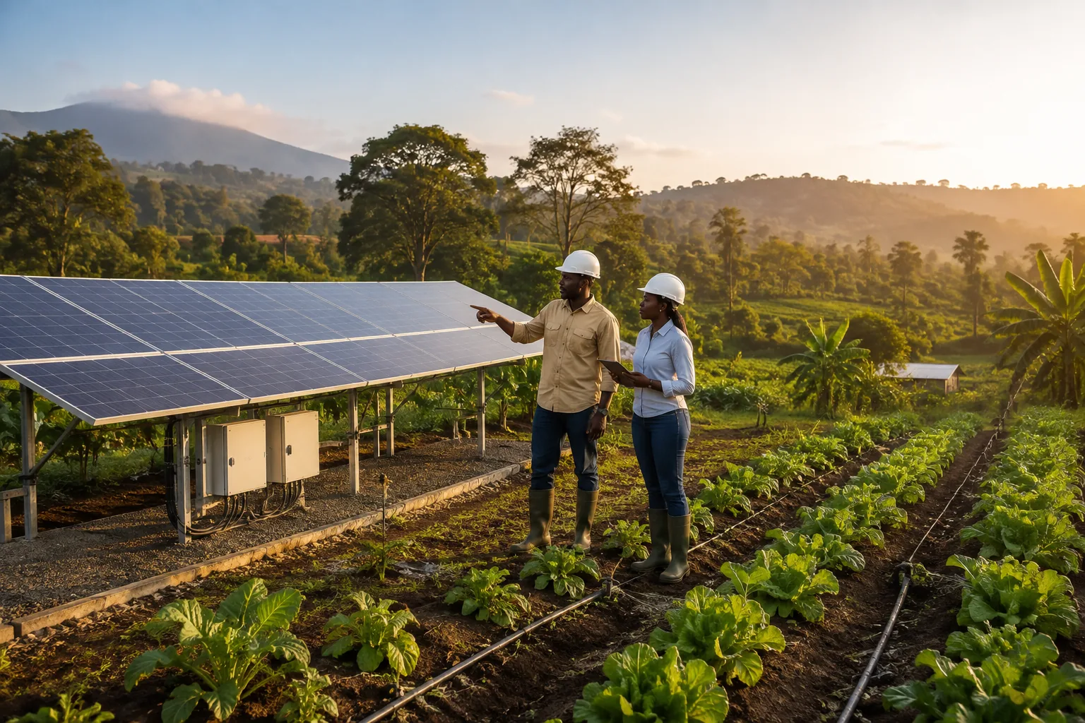 Illustration of engineers beside a solar array and irrigated crops