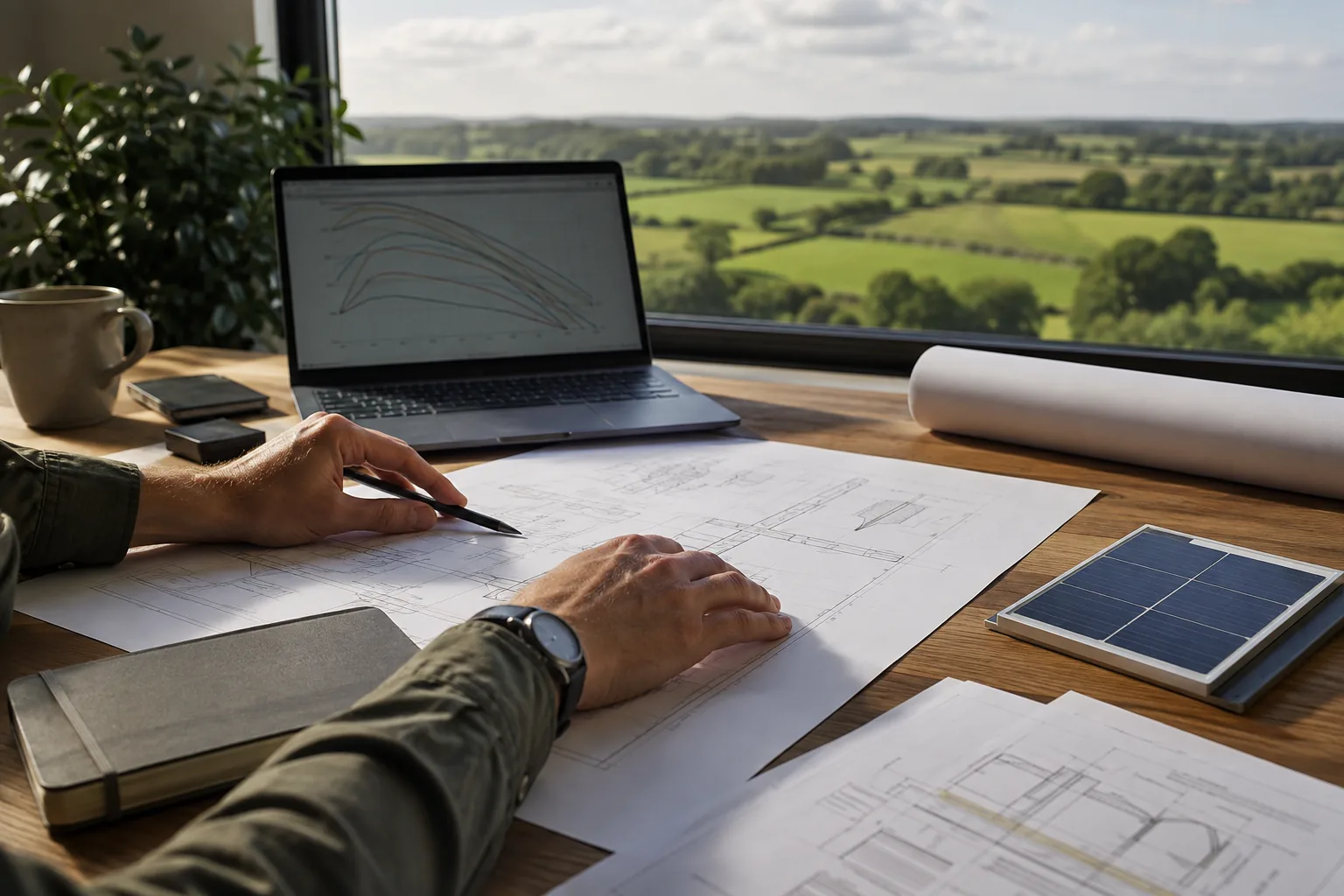 Illustration of engineering diagrams and energy analysis on a desk