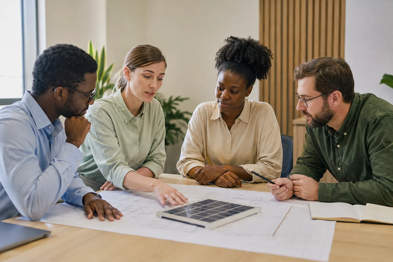 Illustration of technical professionals collaborating over engineering plans