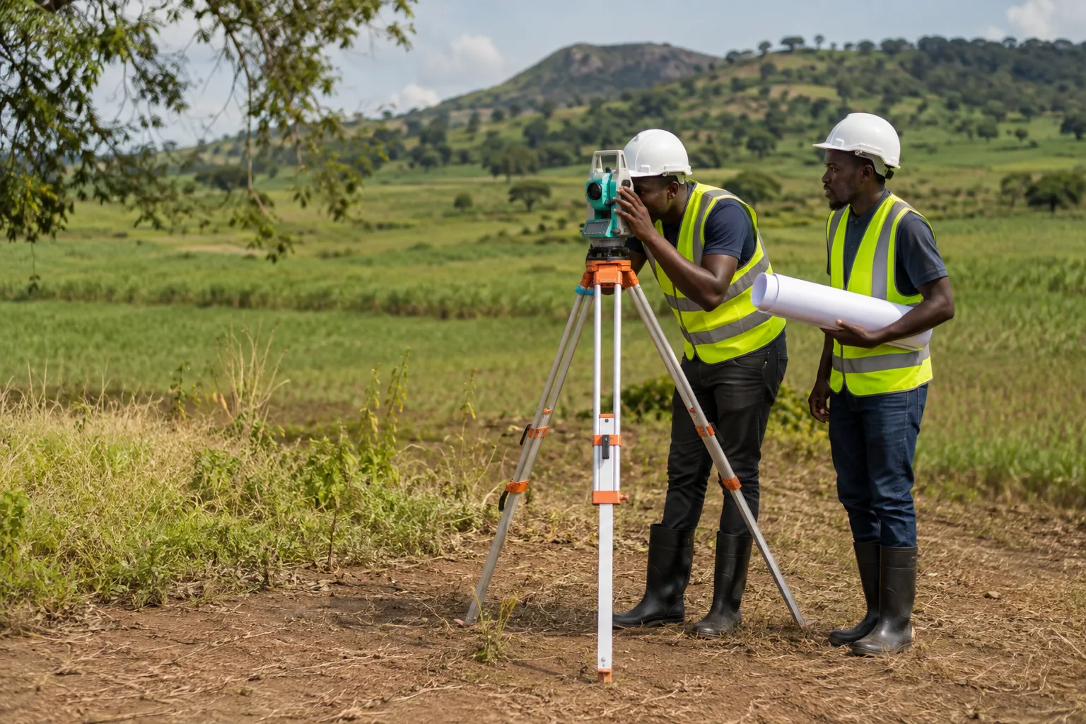 Illustration of survey engineers assessing a potential rural project site