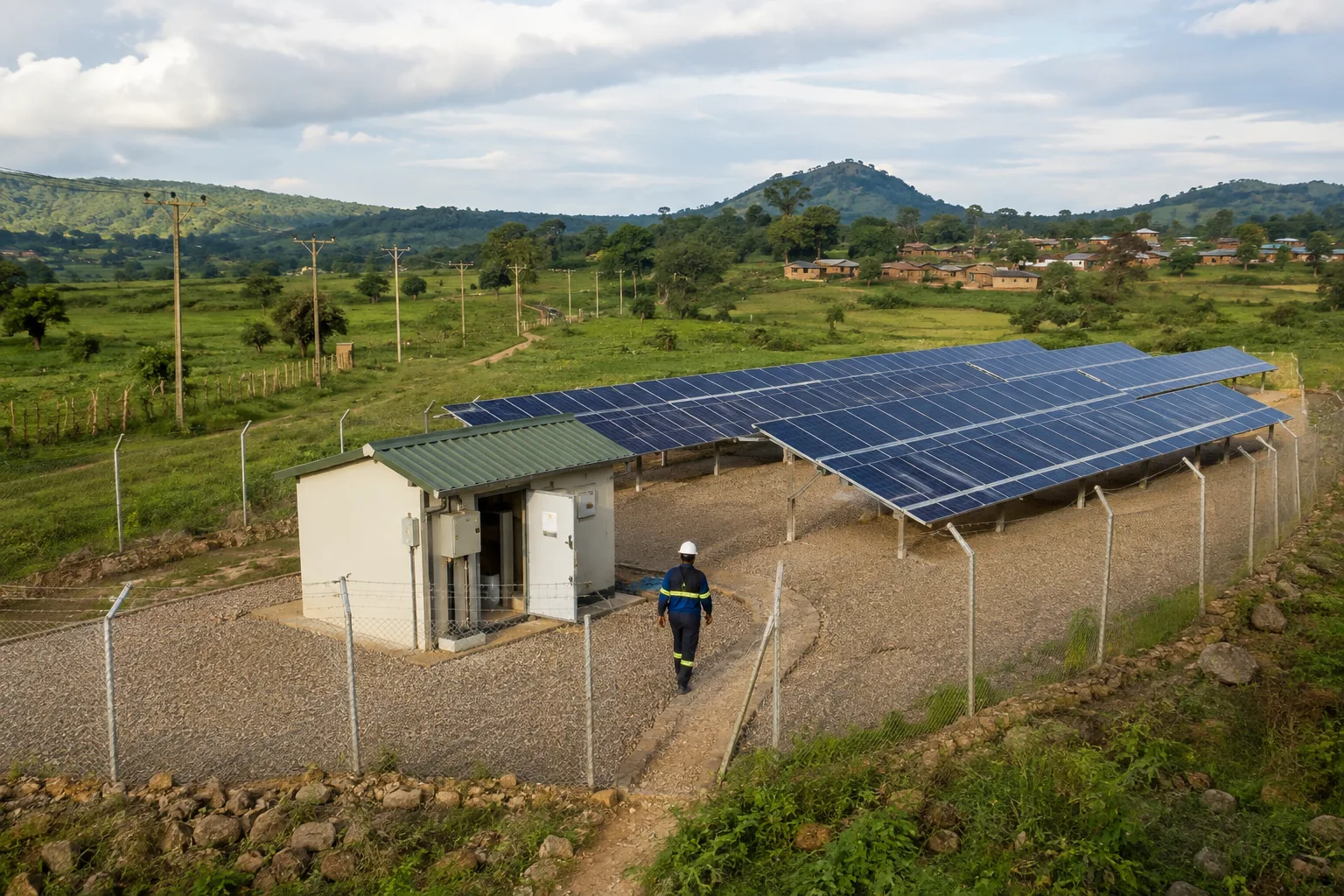 Illustration of a rural solar microgrid with a service building and distribution lines