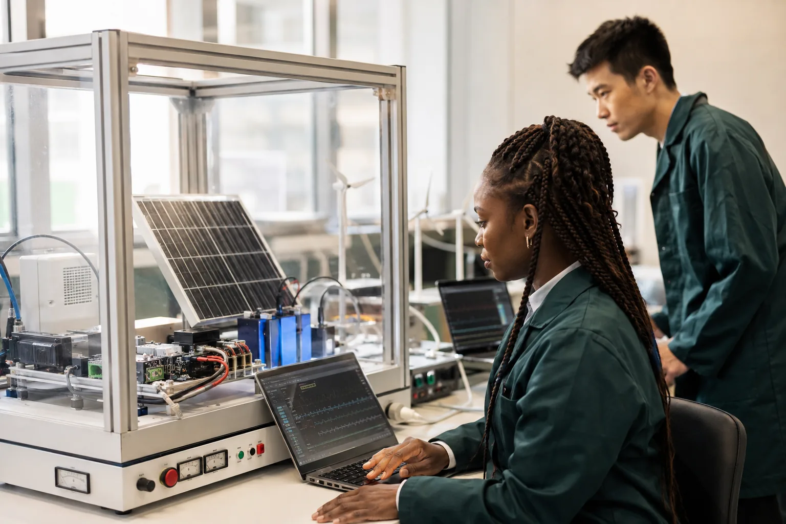 Illustration of engineers studying a renewable-energy laboratory test bench