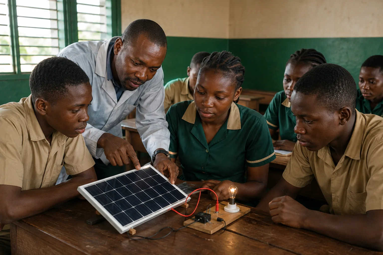 Illustration of a teacher and students exploring a small solar-powered circuit