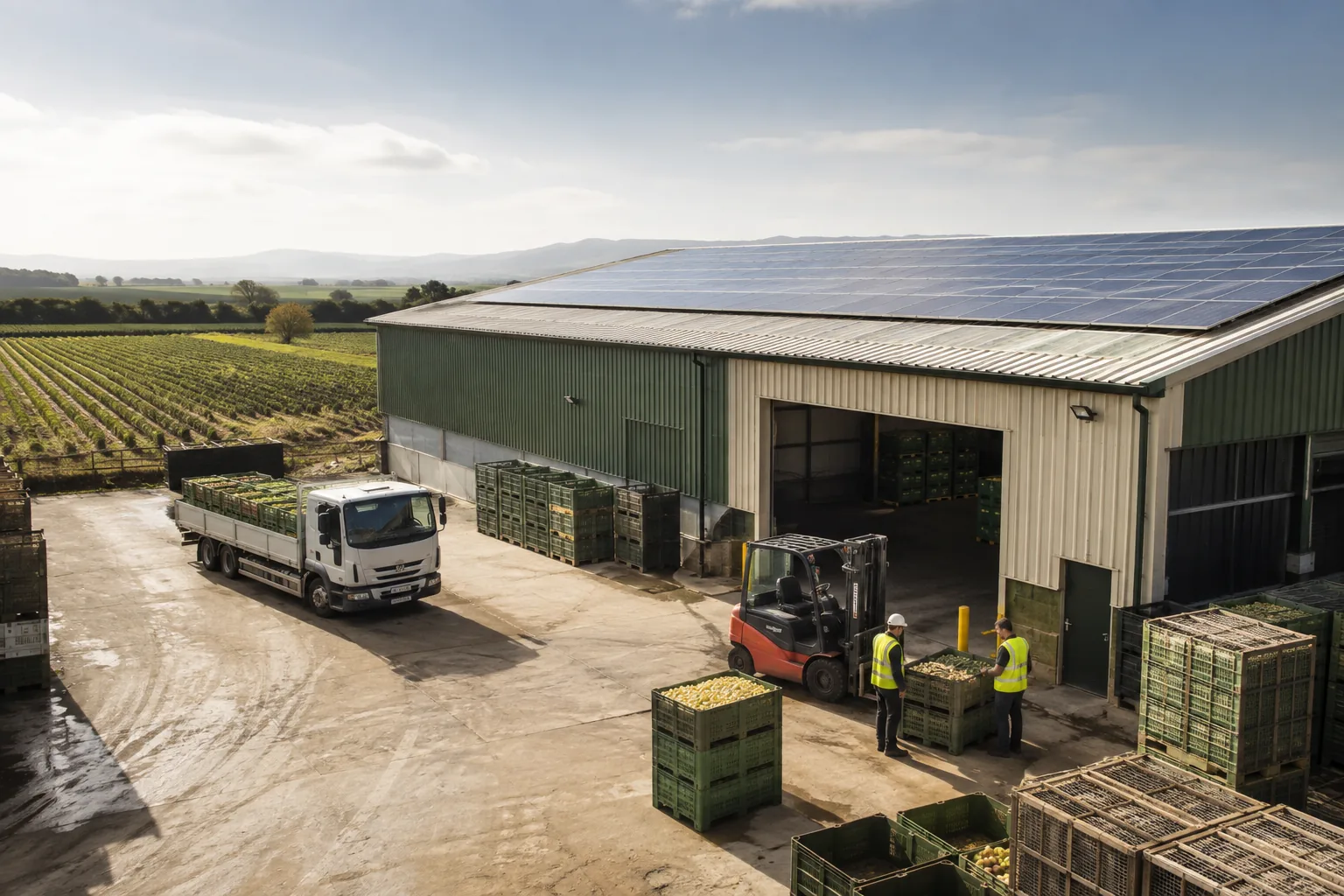 Illustration of a solar-equipped agricultural processing facility and loading yard