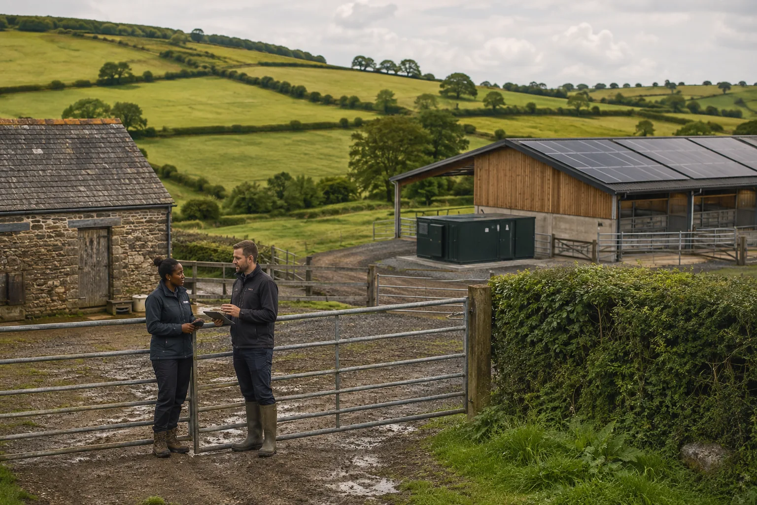Illustration of engineers at a British farm with rooftop solar and battery storage